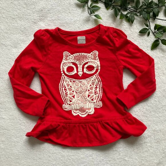 Old Navy Toddler Owl Shirt 2T | Red Peplum Long Sleeve GUC - Picture 1 of 14